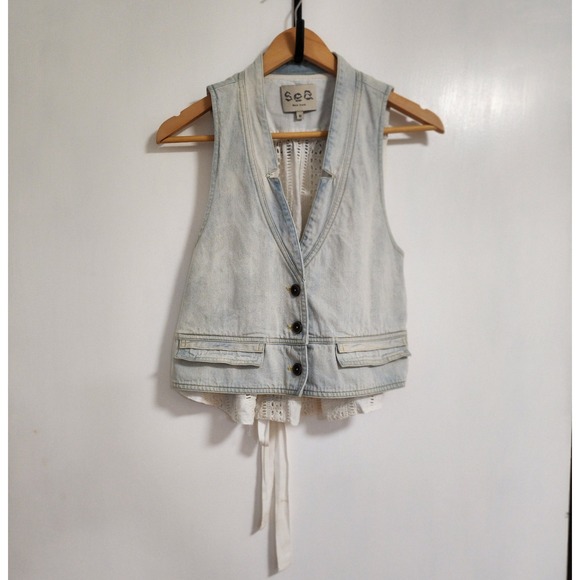 Sea New York Chic Denim And Eyelet Biker Vest Adjustable Tie Light Blue - Picture 1 of 13